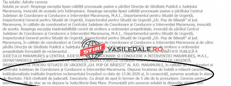 ARESTAREA MEDICALĂ, NULĂ DACĂ NU POATE FI ATACATĂ ÎN INSTANȚĂ – Iată ordonanţa preşedinţială prin care Judecătoria Baia Mare a dispus eliberarea de îndată din carantină instiţutionalizată a unui bărbat din Poienile de Sub Munte