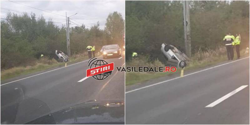 MANEVRĂ NEREUŞITĂ: O maşină s-a răsturnat pe plafon la Buşag (FOTO)