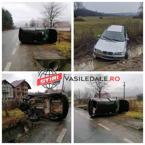 GALERIE FOTO: NU SE MAI TERMINĂ NEBUNIA DE PE ȘOSELELE DIN MARAMUREȘ. Mașină răsturată la Sighet cu șofer beat, alta în decor la Gârdani
