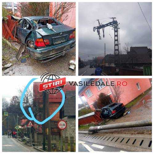 Galerie foto/video EXCLUSIV: Prăpăd în Mara. Un șofer cu BMW a spulberat trei stâlpi și s-a oprit cu mașina în gardul unei case