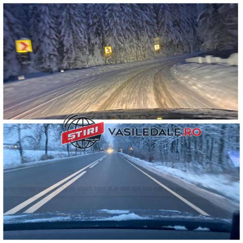 FOTO/VIDEO – INFO TRAFIC: Trafic în condiții de iarnă în pasul Prislop, asfalt ”la negru” pe Suceava. Mașină în șanț la Satulung pe DN1C (actualizare)
