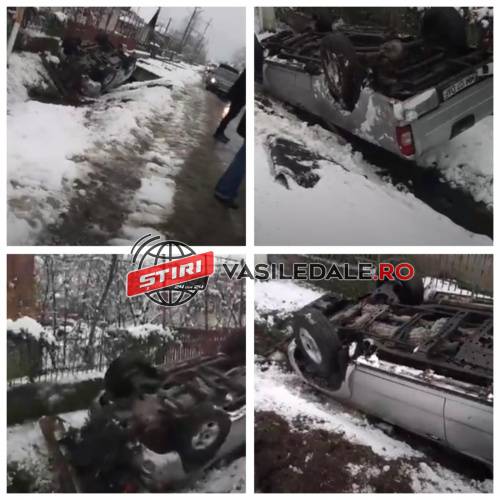 GALERIE FOTO, VIDEO: Cascadorie la Săcălăşeni. Maşină cu roţile în sus după ce s-a izbit de un podeţ