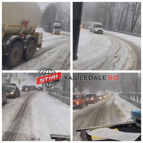 VIDEO – Haos în pasul Gutâi. TIR-urile au înțepenit, coloane de mașini. Carosabilul acoperit cu zăpadă înghețată (ACTUALIZARE)