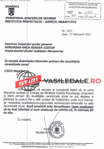 DOCUMENT HALUCINANT: Prefectul de Maramureș: Elevii cu domiciliul în localități carantinate pot merge la școală în alte localități doar dacă pot demonstra că au avut COVID