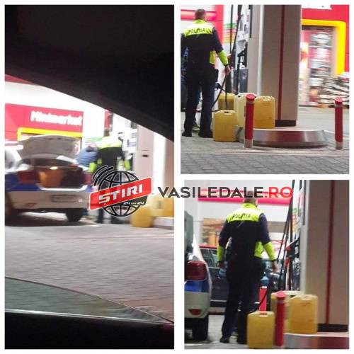 FOTO EXCLUSIV: ÎN TOIUL NOPȚII – Polițist din Sighetu Marmației fotografiat în timp ce umplea mai multe canistre cu combustibil într-o benzinărie din oraș (actualizare)