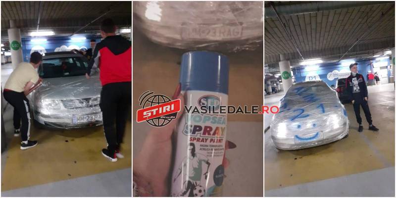FARSĂ: De ziua lui, un tânăr din Baia Mare s-a trezit cu mașina acoperită cu 700 de metri de folie și înscrisuri “FBI”