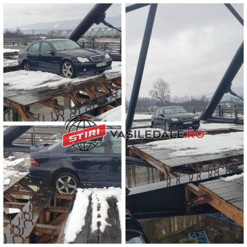 IMAGINI INCREDIBILE CU POLIȚIA PE URME: Șoferul (fără permis) unui Mercedes a ”inaugurat” noul pod peste Someș de la Ulmeni. O fată a sărit din mașină în mers iar mașina a rămas suspendată (actualizare)
