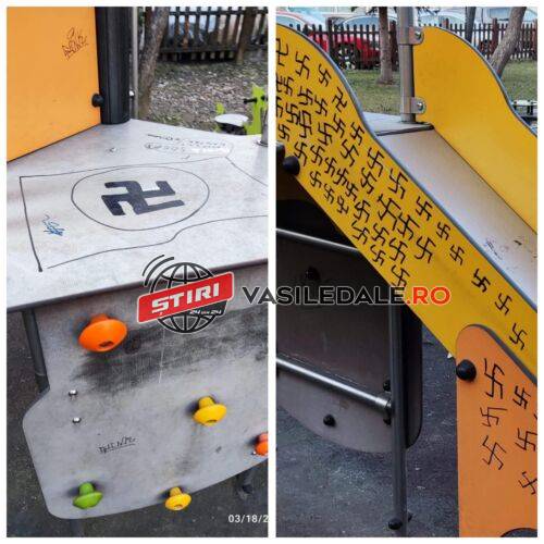 EXCLUSIV FOTO: ATAC NAZIST ÎN BAIA MARE – Svastica desenată pe mobilierul din parcul pentru copii de lângă terenul de atletism (actualizare)