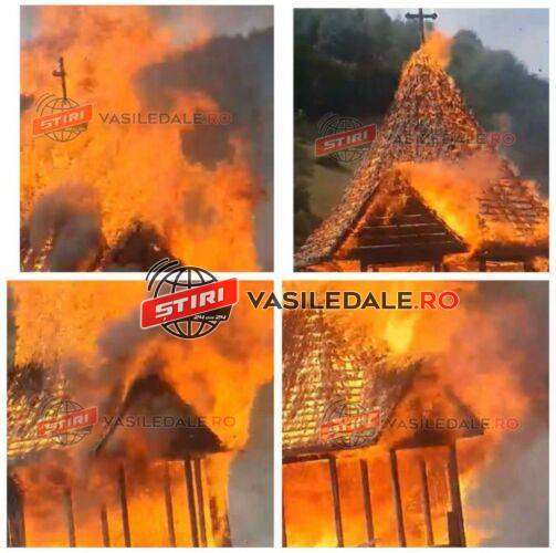 EXCLUSIV VIDEO: Avem imaginile dezastrului în care altarul de vară al Bisericii Plopșor Ieud a ars. Crucea a căzut ultima