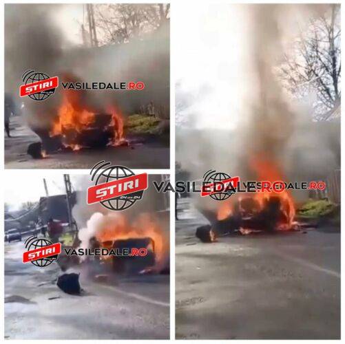 EXCLUSIV VIDEO: Un Mercedes a ars ca o torță la Hărnicești. Proprietarul tocmai ieșise de la mecanic