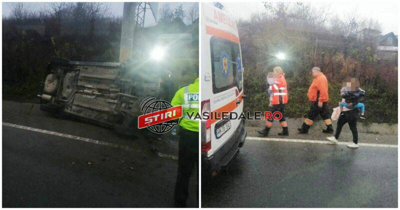 FOTO / ACCIDENT PE DN 1C, PE DURA: O maşină s-a răsturnat şi s-a izbit de un stâlp. Doi copilaşi scoşi de ambulanţieri