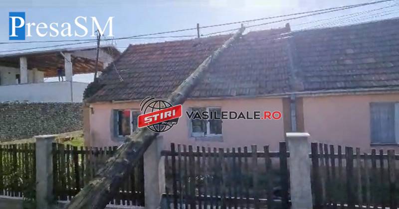 ACCIDENT ÎN SATU MARE PRODUS DE UN ŞOFER MARAMUREŞEAN: Cabluri agăţate de un buldoexcavator şi stâlp căzut peste acoperişul unei case