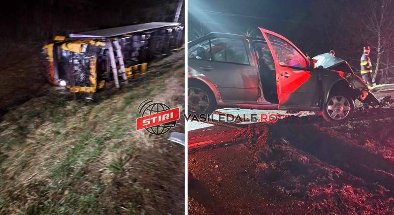 EXCLUSIV FOTO: Poliţistă implicată într-un grav accident la Buciumi. TIR răsturnat într-o curte – actualizare