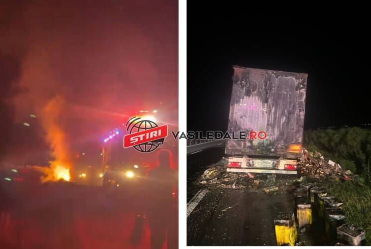 EXCLUSIV VIDEO: Remorca unui autotren condus de un maramureşean a luat foc pe autostrada A1, lângă Bucureşti