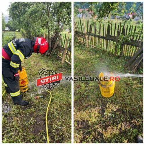 EXCLUSIV – NOROC CU EI: Pompierii civili au scos o butelie defectă dintr-o gospodărie din Poienile de Sub Munte
