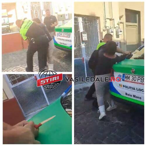 VIDEO: O femeie a amenințat pe stradă cu un cuțit. Polițiștii locali din Baia Mare au imobilizat-o și i-au luat arma albă