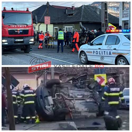 EXCLUSIV VIDEO: 2 victime, o persoană încarcerată după ce s-au răsturnat cu mașina în Vișeu de Sus