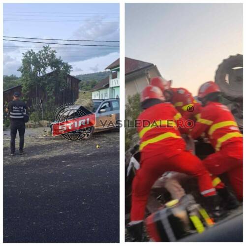 EXCLUSIV FOTO / VIDEO – Un tânăr a intrat cu mașina într-un utilaj agricol. Nu adaptase viteza într-o curbă periculoasă din Rona de Sus