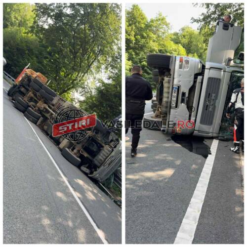 FOTO/VIDEO: Autotren încărcat cu lemn răsturnat în pasul Gutâi. DN18 blocat