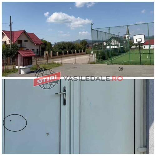 EXCLUSIV VIDEO: EFECTIV HALUCINANT – Un localnic a tras cu pistolul după copiii care jucau fotbal pe terenul sintetic din Săsar. Ușa școlii găurită