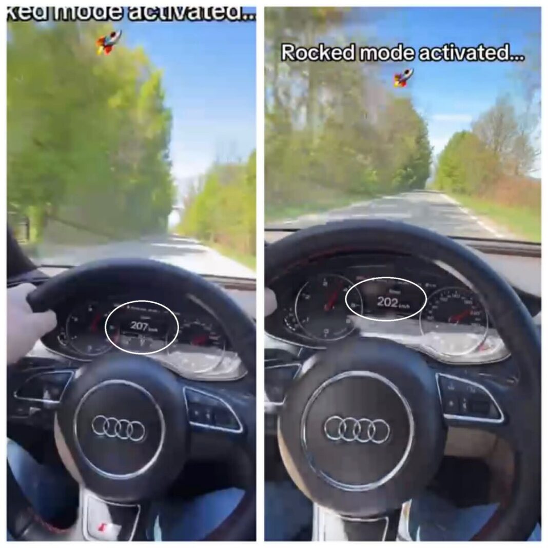 INCONȘTIENȚĂ pentru un tik-tok: Un fecior de patronaș cu Audi s-a filmat circulând cu 207 km/h pe DJ 109 F (VIDEO)