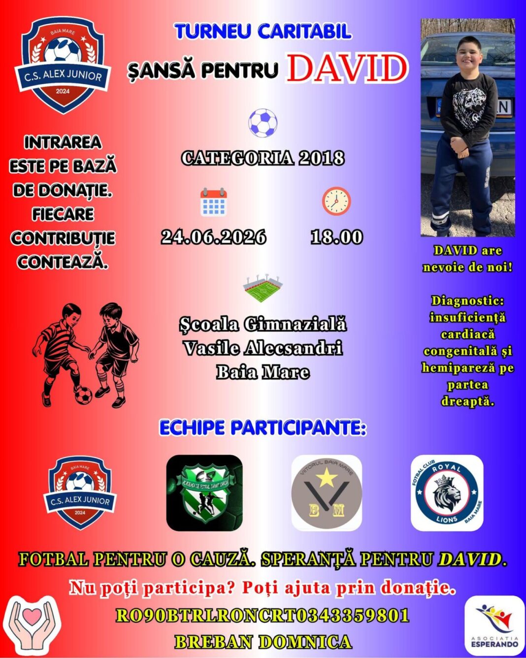 Turneu caritabil de fotbal la Baia Mare pentru sprijinirea lui David