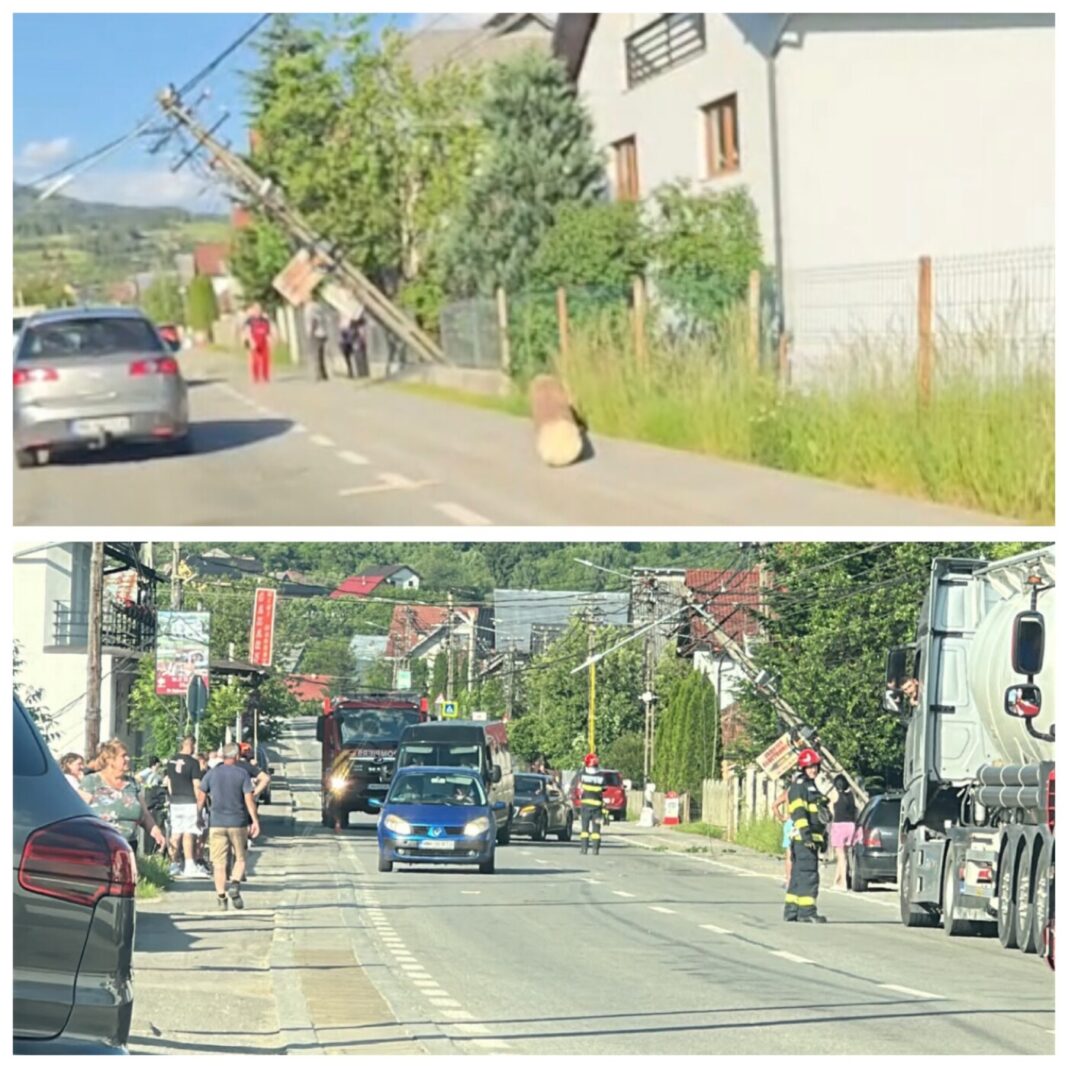 EXCLUSIV – Angajatul unei firme electrocutat pe un stâlp ce fusese rupt de un buștean cazut dintr-o mașinâ