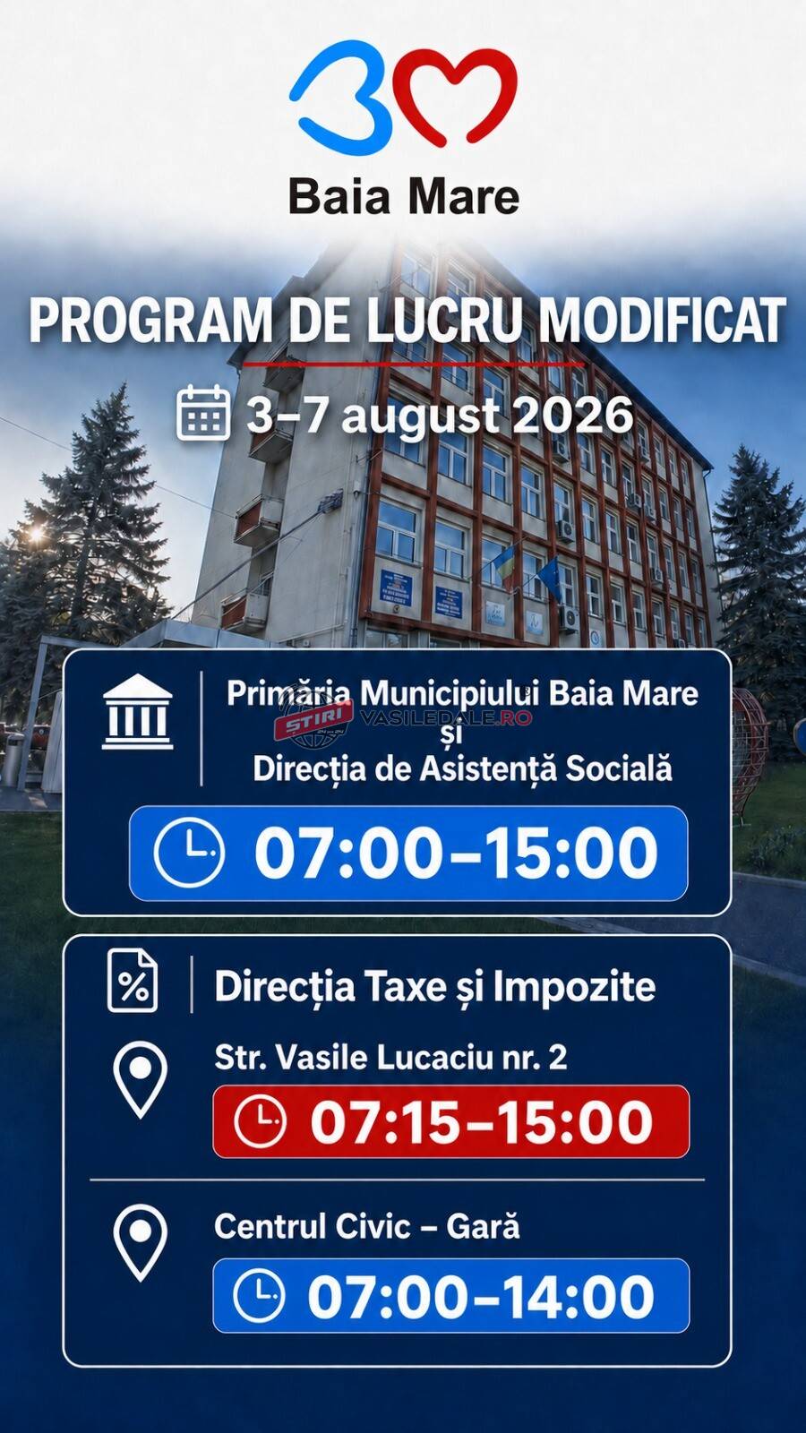 Program modificat la Primăria Baia Mare din cauza caniculei