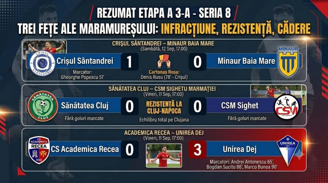 FOTBAL LIGA 3: Trei fețe ale etapei a 3-a: Minaur cade la Sântandrei, Sighet rezistă la Cluj, Recea se prăbușește acasă