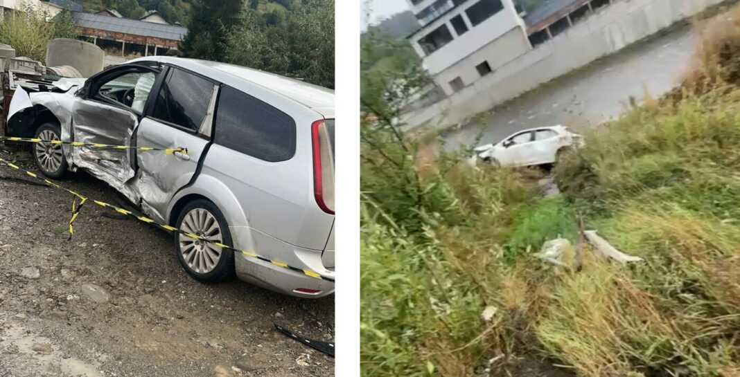 EXCLUSIV VIDEO CAMERĂ SUPRAVEGHERE: Accident LIVE la Poienile de sub Munte / Un autoturism s-a răsturnat în albia unui râu. Două persoane au fost rănite