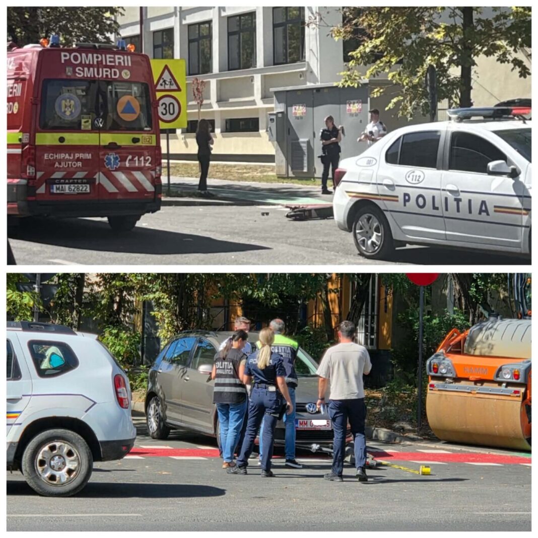 Bărbat pe o trotinetă electrică lovit de o șoferiță lângă un liceu din Baia Mare (galerie foto)