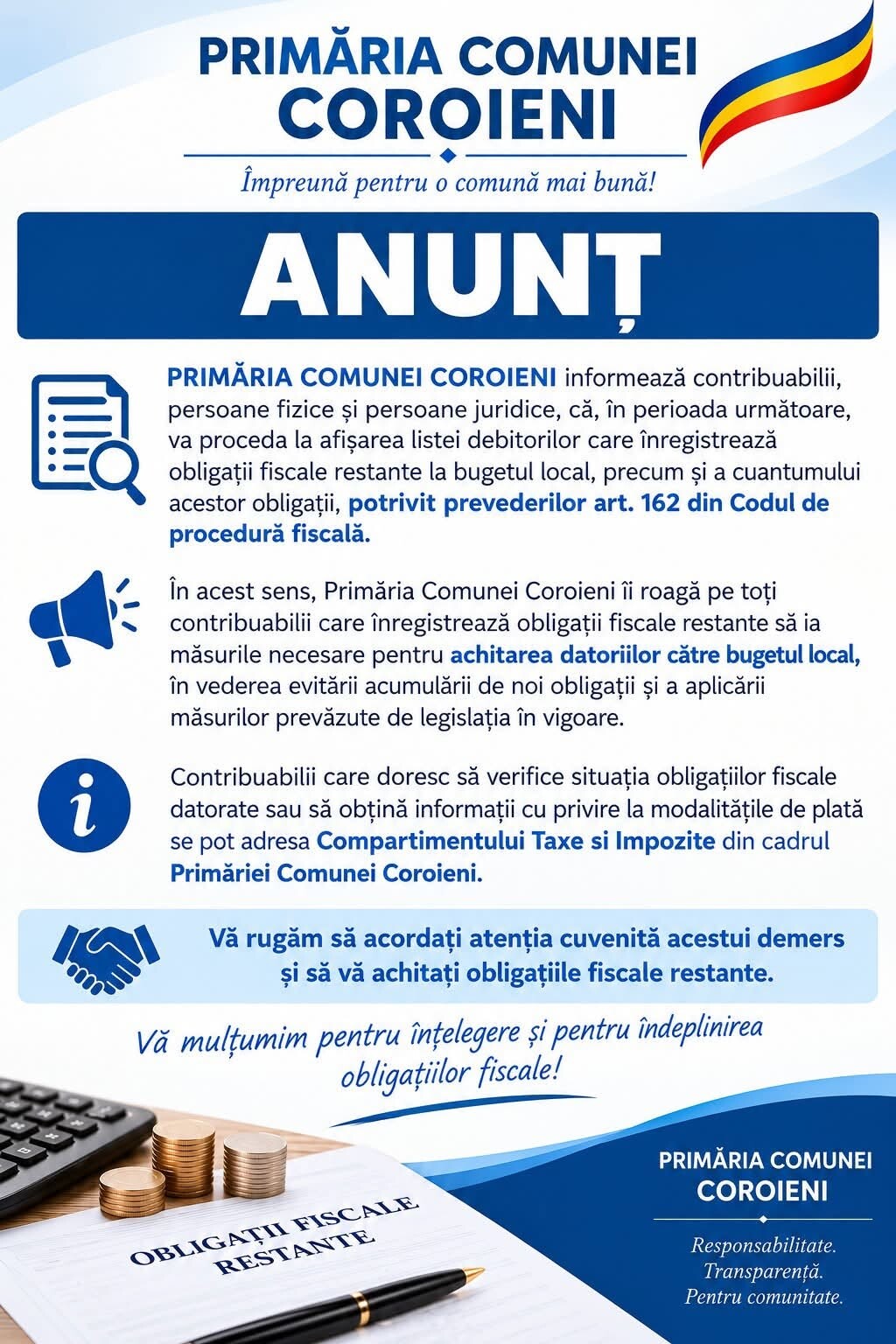 PRIMĂRIA COROIENI: Urmează afișarea listei cu debitorii care înregistrează obligații fiscale restante!!!
