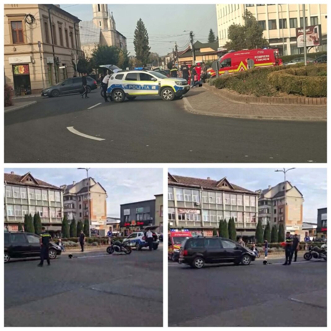 Sighetu Marmației: Impact între un autoturism și un motociclist în sensul giratoriu de la lângă pompieri (VIDEO)