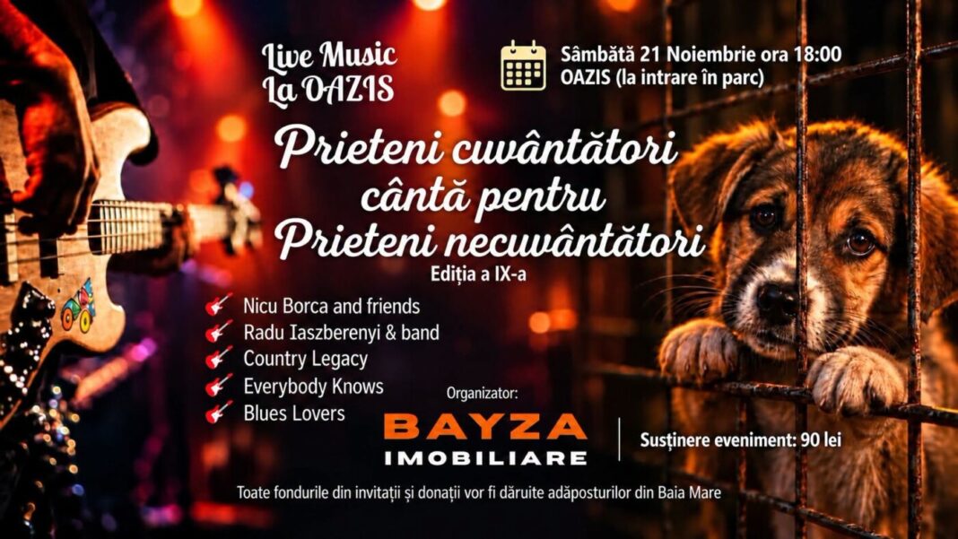 Prieteni cuvântători cântă pentru Prieteni necuvântători, ediția a IX-a. Sâmbătă, 21 noiembrie de la ora 18, restaurantul Oazis