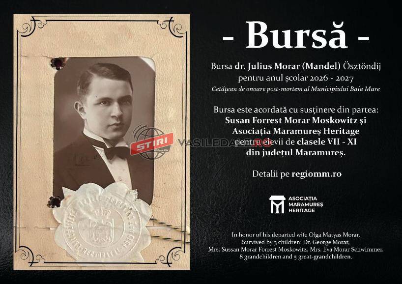 Au început înscrierile pentru Bursa „Dr. Julius Morar (Mandel)” 2026–2027. Trei elevi din Maramureș pot primi câte 500 de lei